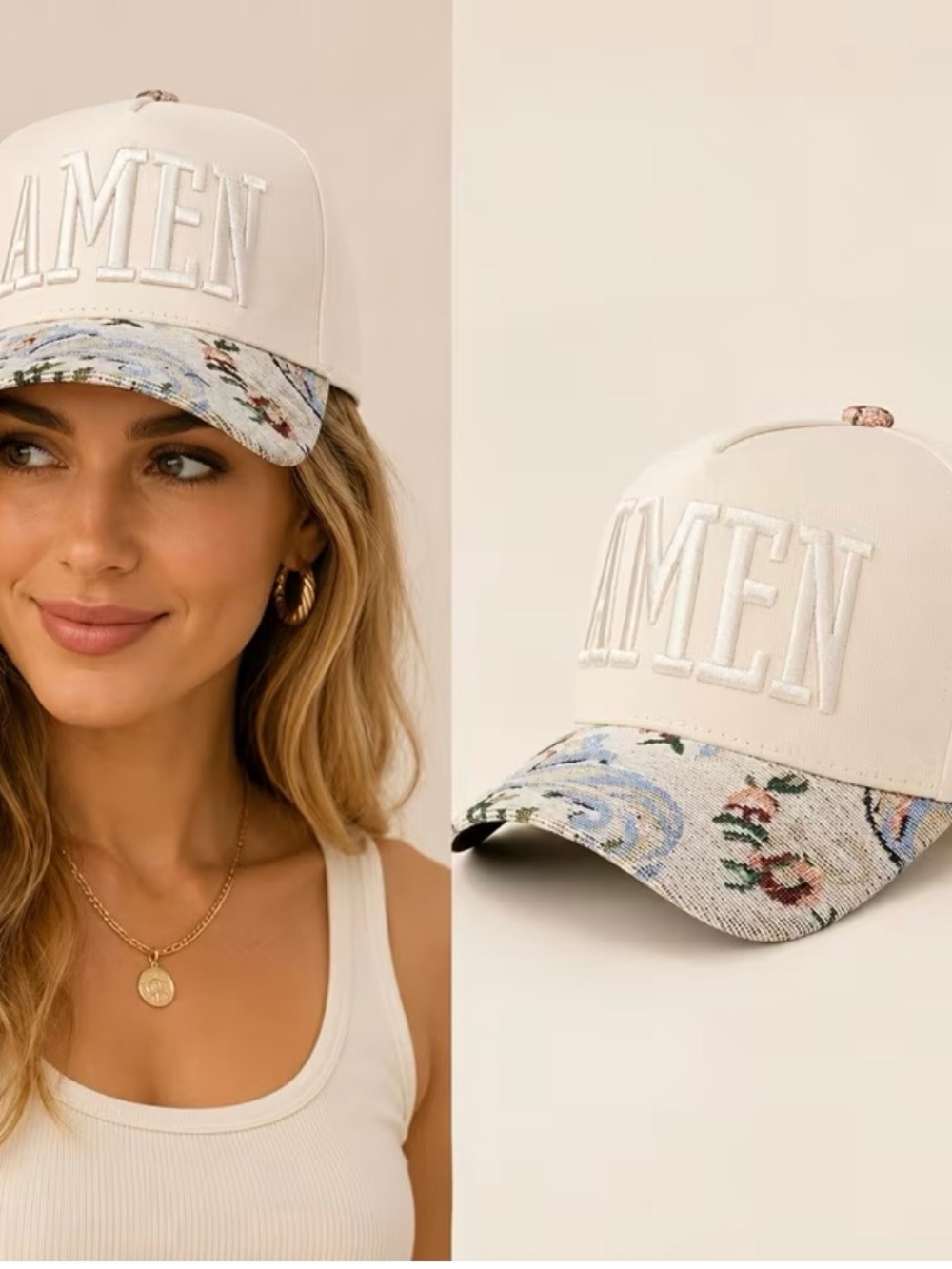 Beige Floral-Brim AMEN Embroidered Baseball Cap